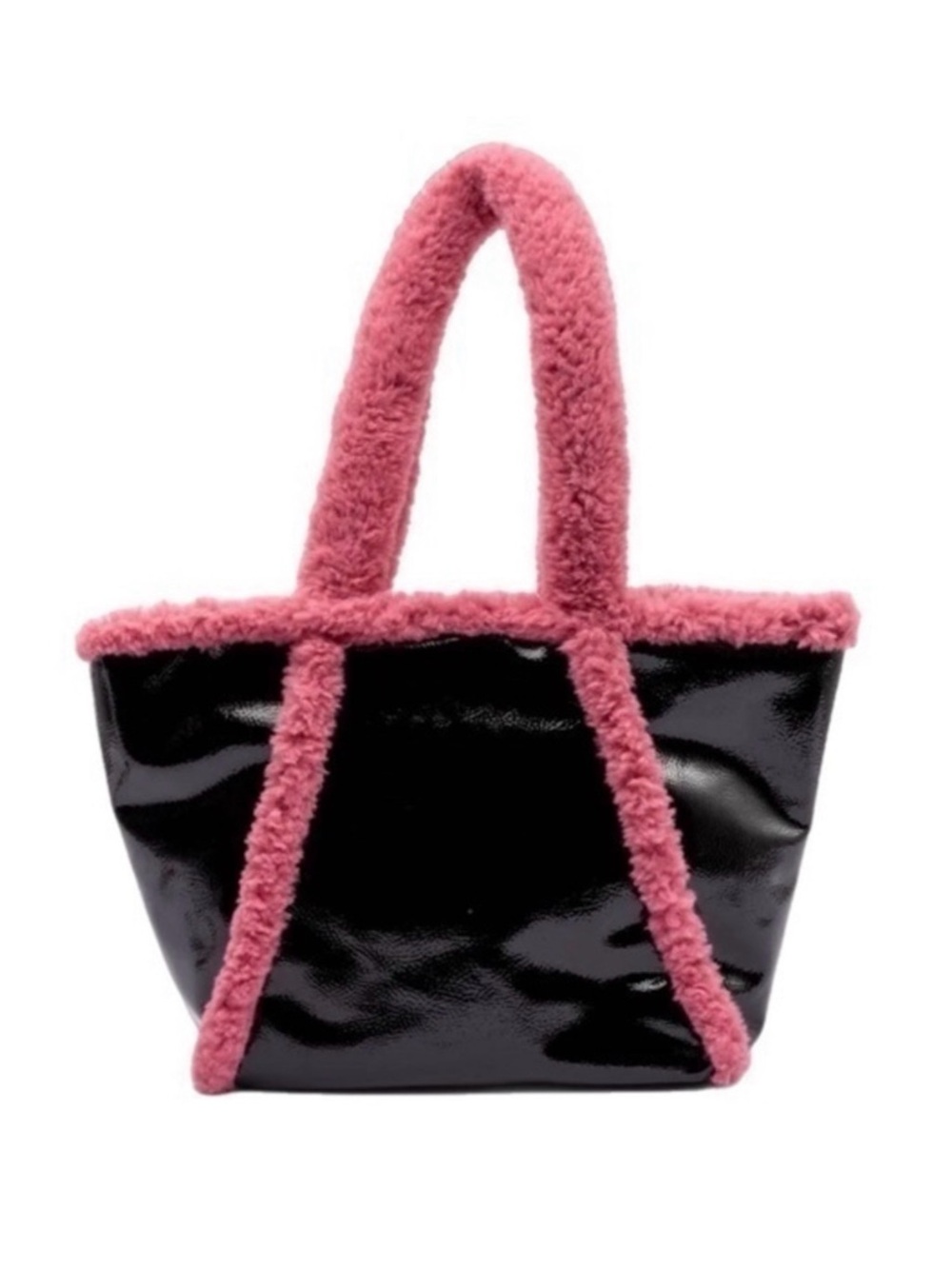 Skinny Dip | Alexa Tote Bag Black Patent Vegan Leather Pink Sherpa Trim
